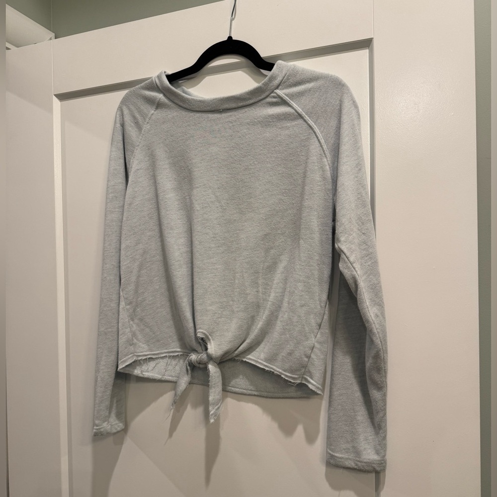 Good hYOUman front tie crew neck sweater “babes supporting babes” light blue
